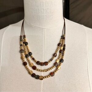 Multi-Strand Brown Stone & Gold Bead Necklace - Unbranded